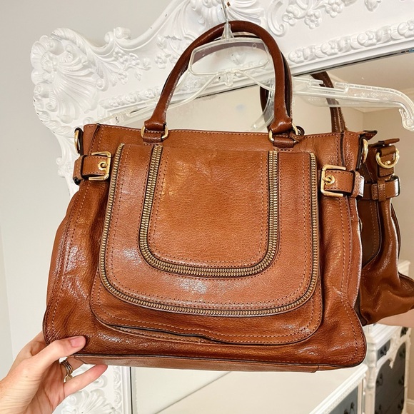 MICHAEL KORS Naomi Tan Leather Zipper Logo Satchel Handbag Bag - Picture 4 of 10